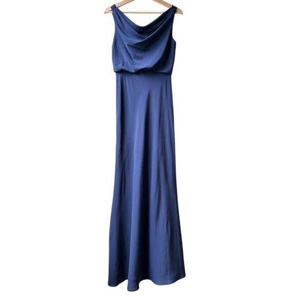 Jenny Yoo Madelyn Crepe De Chine Maxi Dress Gown in Navy Blue Sz 0 - Picture 7 of 16